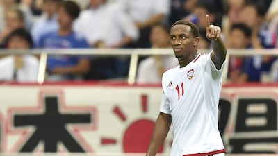 UAE striker Ahmed Khalil shown during their win over Japan in World Cup qualifying earlier this month. Kazuhiro Nogi / AFP