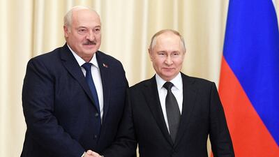 Russian President Vladimir Putin, right, with Belarus President Alexander Lukashenko at the Novo-Ogaryovo state residence outside Moscow. Reuters