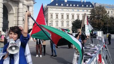 Protesters at a Vienna theatre voice their opposition to the visit of Israel's parliament speaker. Photo: Gaza List