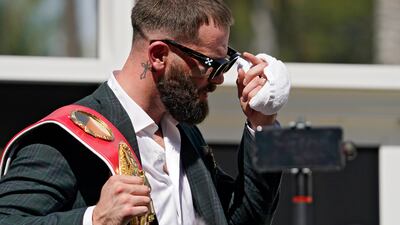 Undefeated IBF Super Middleweight champion Caleb Plant is seen with a cut under his eye after a scuffle with unified WBC/WBO/WBA super middleweight champion Canelo Alvarez during a news conference Tuesday, September 21, 2021, in Beverly Hills, California. AP