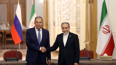 Foreign ministers Sergey Lavrov of Russia, left, and Abbas Araghchi of Iran met in Tehran. EPA