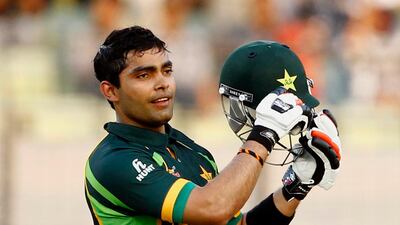 Pakistan's Umar Akmal celebrates against Sri Lanka during their Asia Cup final cricket match in Dhaka, Bangladesh, on March 8, 2014. AP