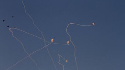 Missiles from Israel's Iron Dome air defence system in the south of Israel destroy incoming Hamas missiles. AFP Photo