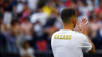 Eden Hazard applauds the fans inside the Santiago Bernabeu stadium. AFP