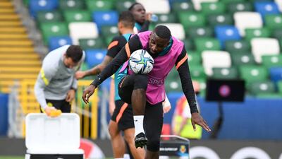 Antonio Rudiger during Chelsea's training at Windsor Park in Belfast.