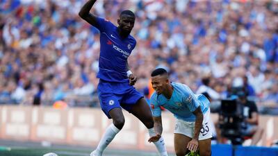 Soccer Football - FA Community Shield - Manchester City v Chelsea - Wembley Stadium, London, Britain - August 5, 2018 Manchester CityÕs Gabriel Jesus sustains an injury in a tackle with ChelseaÕs Antonio Rudiger REUTERS/Phil Noble