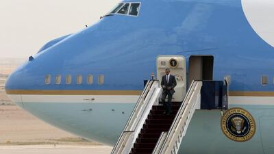 Mr Obama stepping off of Air Force One at King Khalid International Airport. Hasan Jamali/ AP Photo