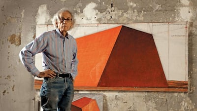Christo in his studio with a preparatory drawing for The Mastaba. Christo and the Maeght Foundation