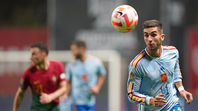 Spain forward Ferran Torres on the ball during the game against Portugal. EPA