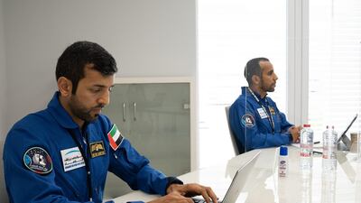 The UAE is a step closer to having two new astronauts. Five out of 14 remaining candidates are women. The search is in its final phase and the shortlisted candidates must pass the intense interview round. Here, Dr Sultan Al Neyadi, left, and Maj Hazza Al Mansouri are pictured taking part in in the interview panel. Courtesy: MBRSC