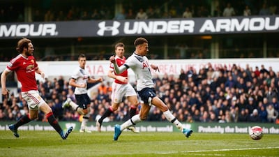Dele Alli of Tottenham Hotspur scores their first goal during the Premier League match between Tottenham Hotspur and Manchester United at White Hart Lane on April 10, 2016 in London, England. (Photo by Julian Finney/Getty Images)
