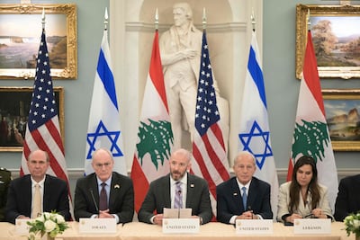 Israel's ambassador to the US Yechiel Leiter, US State Department chief of staff Daniel Holler, US ambassador to Lebanon Michel Issa and Lebanese ambassador to the US Nada Hamadeh attend a meeting in Washington. AFP