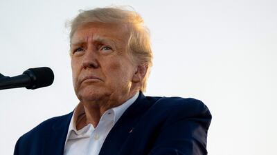 Former US president Donald Trump speaks in a rally at the Waco Regional Airport in Texas on Saturday. AFP