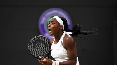 Cori Gauff celebrates her victory over Magdalena Rybarikova at Wimbledon on Wednesday. Andy Rain / EPA
