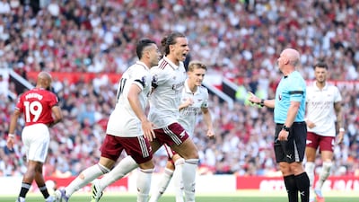 Riccardo Calafiori of Arsenal celebrates scoring against Manchester United at Old Trafford. Getty Images
