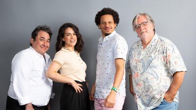 Matt Groening, from left, Abbi Jacobson, Eric Andre and Josh Weinstein, cast members of the Netflix series 'Disenchantment' AP