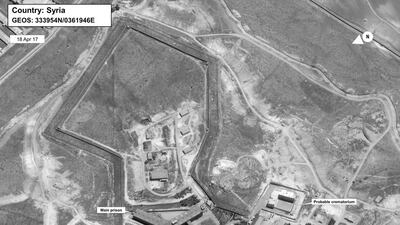 This satellite image taken on April 18, 2017, shows what the US state department has described as a building in a Syrian prison complex that has been modified to support a crematorium. State Department / DigitalGlobe via AP