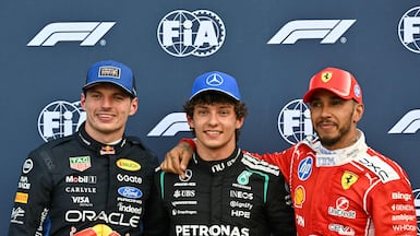From left: Second-placed Red Bull's Max Verstappen, pole sitter Kimi Antonelli of Mercedes and third-placed Ferrari's Lewis Hamilton after qualifying for the Monaco GP. AFP