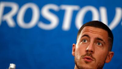 Belgium captain Eden Hazard attends a press conference in Rostov-on-Don. EPA