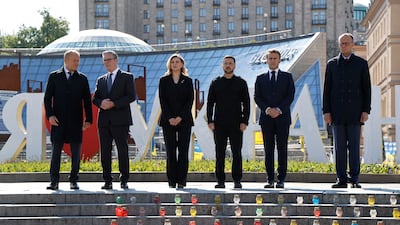 Left to right, Mr Tusk, Mr Starmer, Ms Zelenska, Mr Zelensky, Mr Macron, and Mr Merz at Independence Square in Kyiv. EPA