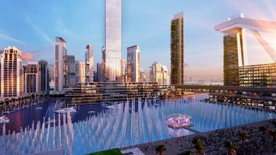 Meydan One is on display at Cityscape. The project will become home to more than 78,000 residents and feature the 711m tall Dubai One Tower, Meydan One Mall, a Civic Plaza with dancing water features, a 4km canal and 100 berth marina. Courtesy Meydan