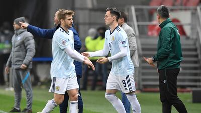 Scotland’s Lawrence Shankland comes on as a substitute to replace Stuart Armstrong. Reuters