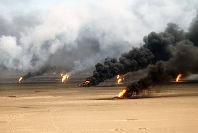 Oil well fires burning near Kuwait City in 1991 in the aftermath of Operation Desert Storm. Getty Images