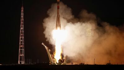 The Soyuz-FG rocket booster with Soyuz MS-15 space ship blasts off at Baikonur Cosmodrome in Kazakhstan on September 25, 2019 at 5.56pm UAE time. The rocket carries US astronaut Jessica Meir, Russian cosmonaut Oleg Skripochka and Emirati astronaut Hazza Al Mansouri. Dmitri Lovetsky / AP