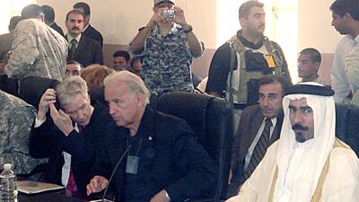 Delaware Senator Joe Biden meeting with Iraqi tribal leaders in the Anbar Province in Iraq, 06 September, 2007. AFP