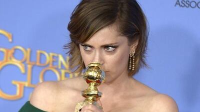 Rachel Bloom holds the award for Best Actress — TV Series, Comedy of Musical for Crazy Ex-Girlfriend in the press room during 73rd Annual Golden Globe Awards. Paul Buck / EPA