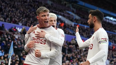 Manchester United's Rasmus Hojlund celebrates scoring the opening goal with teammates Alejandro Garnacho and Bruno Fernandes. PA