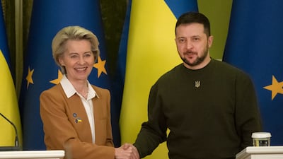 Ukrainian President Volodymyr Zelenskyy and European Commission President Ursula von der Leyen at the EU-Ukraine summit in Kyiv. AP