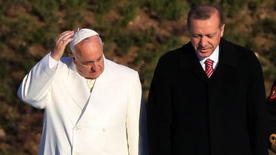 Pope Francis was invited to Turkey, an overwhelmingly Muslim but secular country, by president Recep Tayyip Erdogan to talk about how to fight religious extremism through interfaith dialogue. Photo: Burhan Ozbilici / AP
