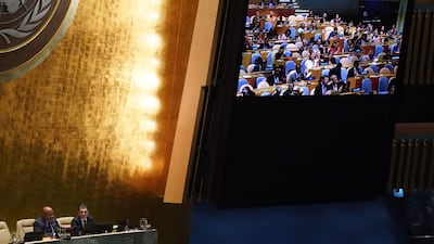 UN General Assembly President Dennis Francis, lower left, reads the results of the Human Rights Council elections in New York. AFP