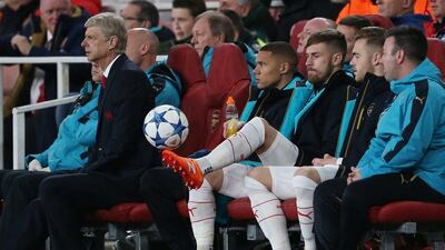 Arsenal manager Arsene Wenger and Aaron Ramsey shown on the bench during the Champions League match on Tuesday night at the Emirates Stadium. Matthew Childs / Action Images / Reuters