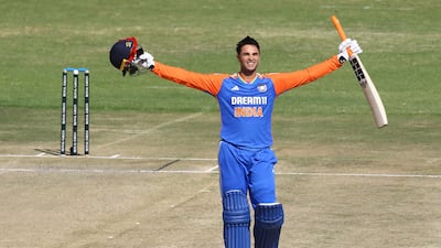 India's Abhishek Sharma celebrates after reaching his century during the second T20 against Zimbabwe at the Harare Sports Club on Sunday, July 7, 2024. AFP