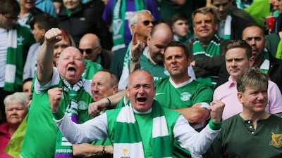 Hibernian fans celebrate during the Scottish Cup final against Rangers. Reuters / Russell Cheyne