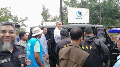 UN Secretary-General Antonio Guterres arrived at the Kutupalong refugee camp for the Rohingya community in Bangladesh's southeastern border district of Cox's Bazar on July 2, 2018. AFP / Suzauddin RUBEL