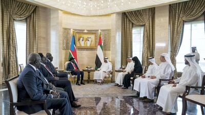 Sheikh Mohamed bin Zayed, Crown Prince of Abu Dhabi and Deputy Supreme Commander of the UAE Armed Forces (Back R), meets with Salva Kiir, President of South Sudan (Back L), at Al Shati Palace. Seen with Mohamed Mubarak Al Mazrouei, Undersecretary of the Crown Prince Court of Abu Dhabi (R), Khaldoon Khalifa Al Mubarak, CEO and Managing Director Mubadala, Chairman of the Abu Dhabi Executive Affairs Authority and Abu Dhabi Executive Council Member (2nd R), Suhail bin Mohamed Faraj Faris Al Mazrouei, UAE Minister of Energy (3rd R), Reem Ibrahim Al Hashimi, UAE Minister of State for International Cooperation (4th R) and Obaid Humaid Al Tayer, UAE Minister of State for Financial Affairs (5th R). Mohamed Al Hammadi / Ministry of Presidential Affairs