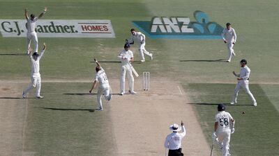 New Zealand players celebrate the dismissal of England's Stuart Broad. AP