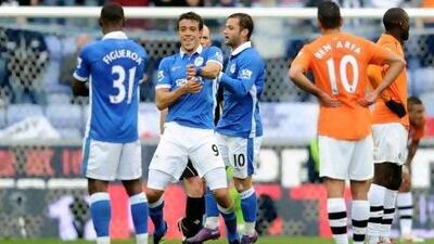 Franco Di Santo of Wigan Athletic celebrates scoring his team's fourth goal during the 4-0 victory over Newcastle.