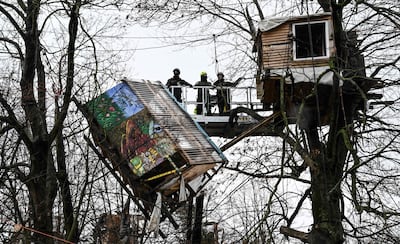 Police tear down a treehouse put up by environmentalists. AFP