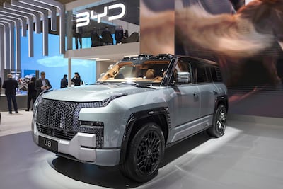 The new Yangwang U8 hybrid electric car by BYD is presented during the press day at the Geneva International Motor Show on Monday. AP