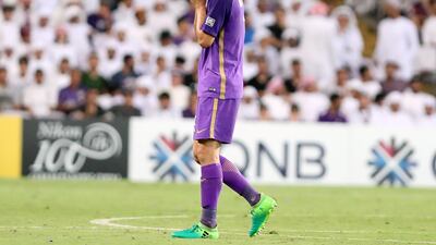 Al Ain's Mohnad Salem is sent off during the first leg of their Asian Champions League quarter-final against Al Hilal at Hazza bin Zayed Stadium. Chris Whiteoak / The National
