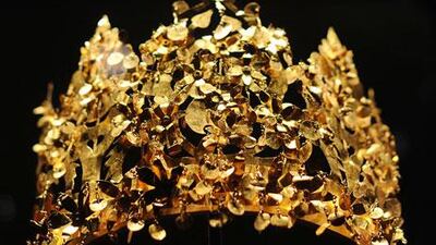 A folding gold crown from Tillya Tepe, dating from the 1st century AD, is a particular highlight of the Afghanistan Crossroads of the Ancient World exhibition at the British Museum in London.