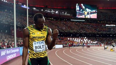 Jamaica's Usain Bolt reacts after winning the gold medal in the men's 100m final at the 2015 Athletics World Championships in Beijing on Sunday. Diego Azubel / EPA / August 23, 2015
