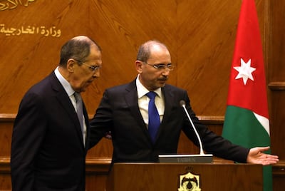 Jordanian Foreign Minister Ayman Safadi and his Russian counterpart Sergey Lavrov leave after a press conference in Amman on April 7, 2019. AFP