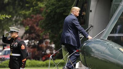 U.S. President Donald Trump boards Marine One before departing to Camp David on the South Lawn of the White House in Washington, D.C., U.S., on Friday, June 1, 2018.