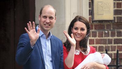 Prince William and Catherine, Duchess of Cambridge, pose for photographers with their newborn baby boy Prince Louis outside the Lindo Wing of St Mary's Hospital in April 2018. Getty Images