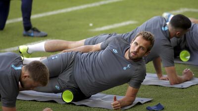 Tottenham Hotspur striker Harry Kane during training at the Karaiskakis Stadium in Athens yesterday, ahead of their Champions League opener against Olympiakos. Getty